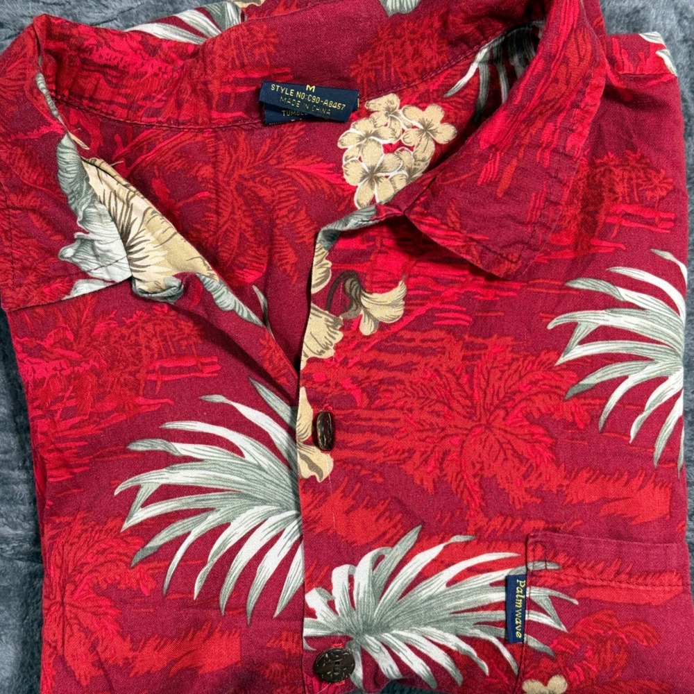Palmwave Hawaii Button Down Shirt Mens‎ M Red Tropical Floral Cotton C90-A8457